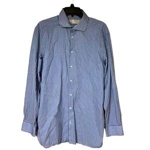 Byron British Men’s Blue Striped Dress Shirt Cotton Large Tailored Fit‎ Office